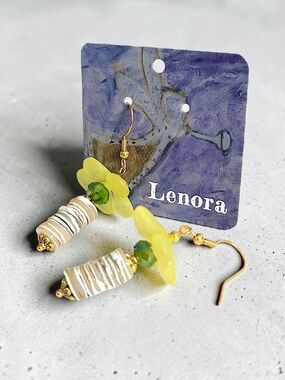 Hand Crafted Green Bead & Mother of Pearl Shell Stack Dangle Earrings